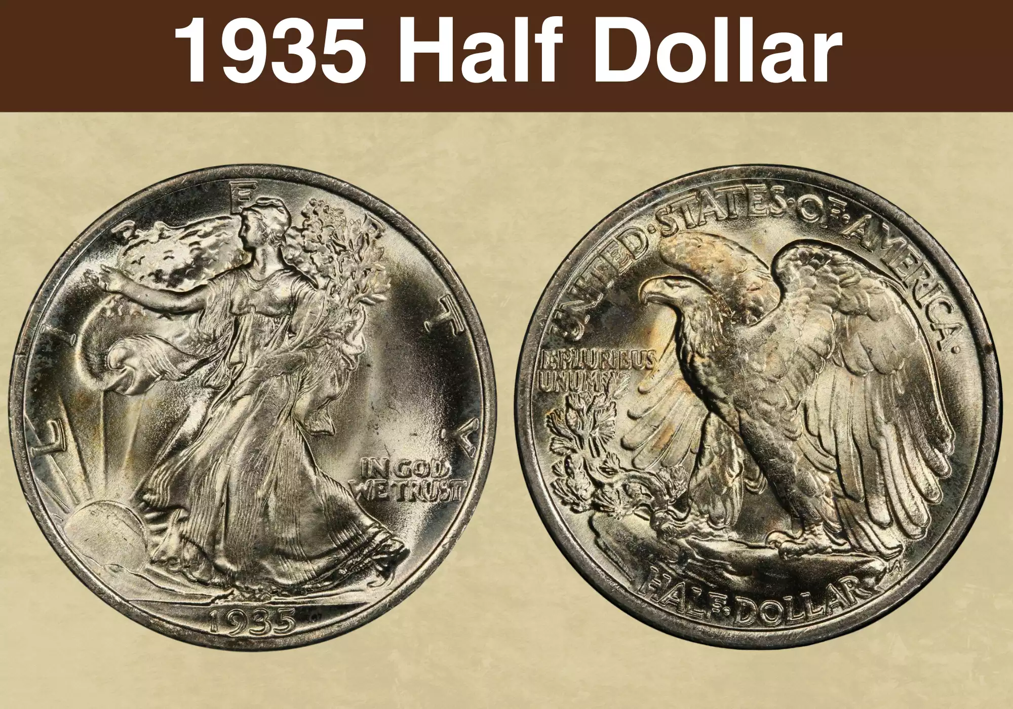 1935 Walking Liberty Half Dollar obverse showing Liberty walking with full mint luster, high-grade example