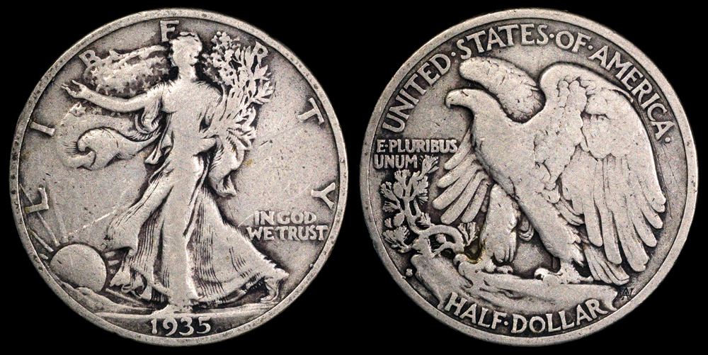 Side-by-side comparison of circulated 1935-S Walking Liberty Half Dollar versus Gem Mint State 1935-S showing dramatic difference in luster and detail