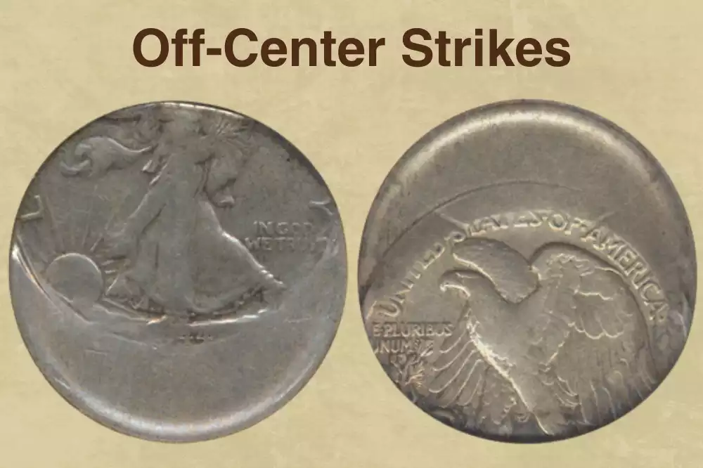 1935 Walking Liberty Half Dollar off-center strike error showing design shifted with blank planchet visible at edge