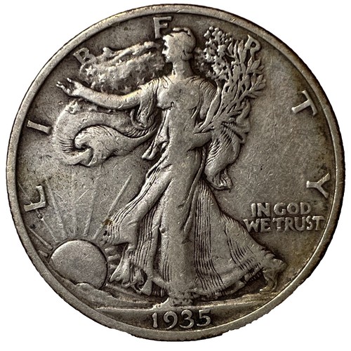1935 Walking Liberty Half Dollar clipped planchet error showing curved crescent clip taken from the coin edge
