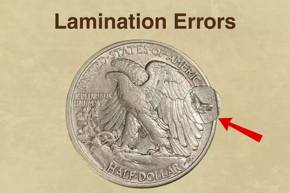 1935 Walking Liberty Half Dollar lamination error showing metal surface peeling or flaking on the silver planchet
