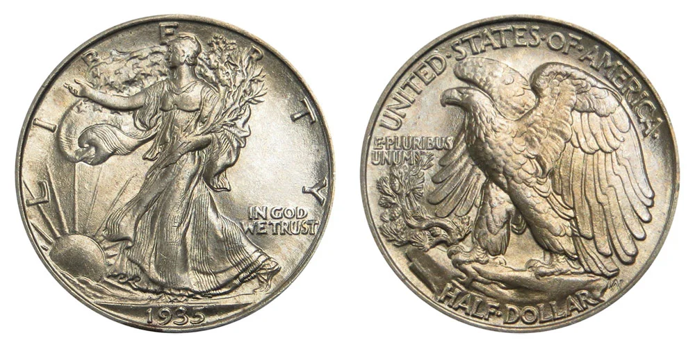 Group photograph of all three 1935 Walking Liberty Half Dollar varieties — Philadelphia, Denver, and San Francisco Mint — displayed side by side